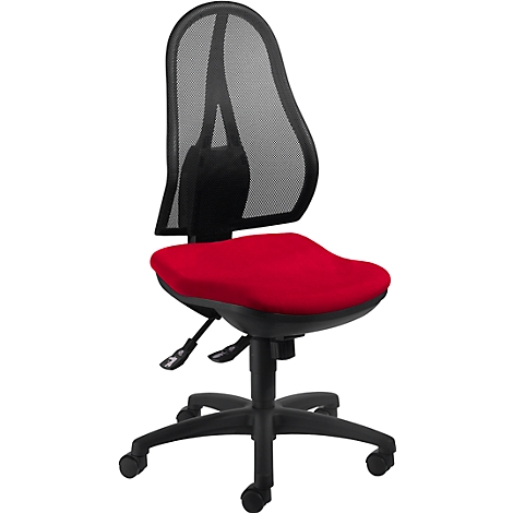 Office chair with red seat, black mesh back and frame.