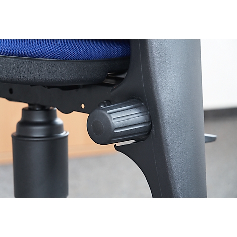 Close-up of a black office chair, detail of the height adjustment. Blue seat cushion in the background.