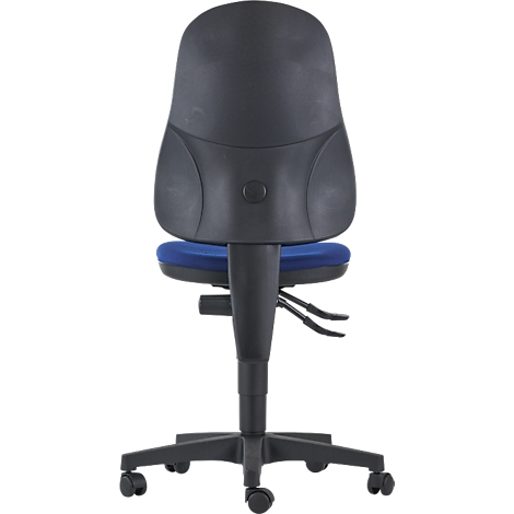 Office chair from behind, black backrest, blue seat, five castors.