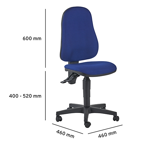 Blue office chair with black wheels and dimensions.