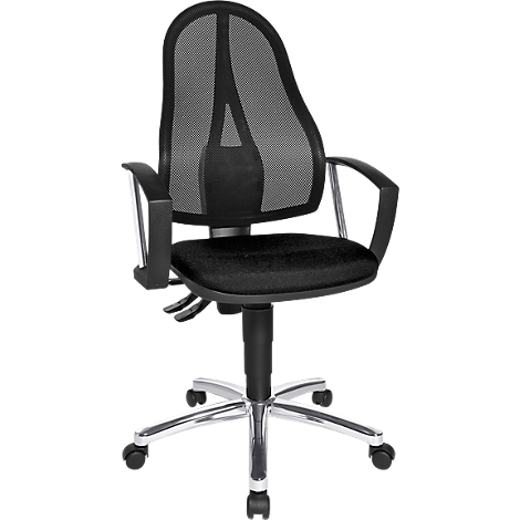 Black office chair with mesh back and armrests, on silver castors.