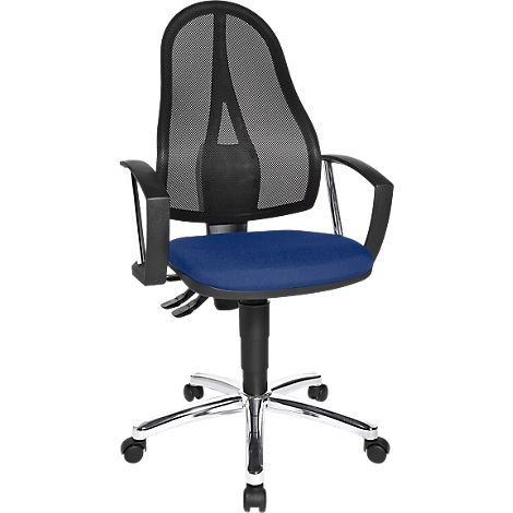 Office chair with black mesh back and blue seat. Chrome frame with castors. Armrests integrated.