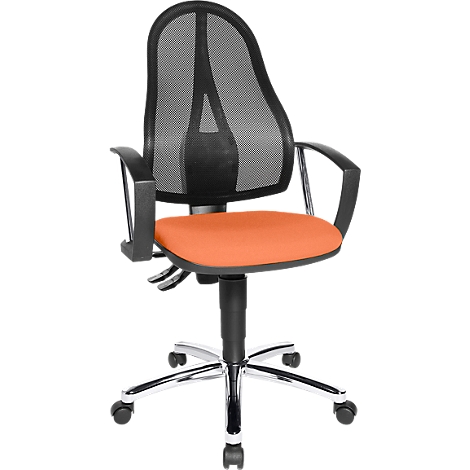 Office chair with mesh back, orange seat, black armrests and chrome base.