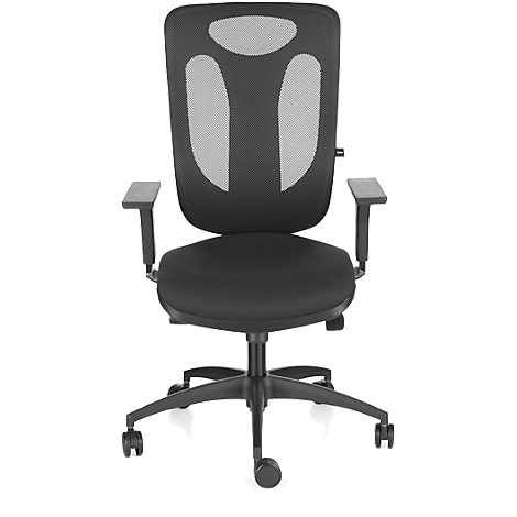 Black office chair with mesh back and armrests on casters.