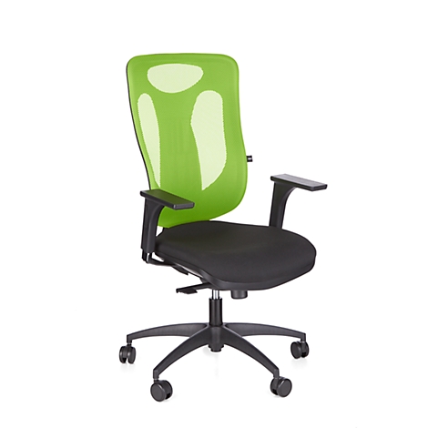 Office chair with green back and black seat, armrests, and base. Stands against a white background.