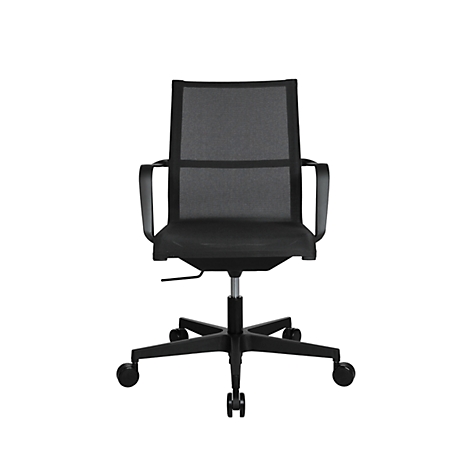 Black office chair on white background. The chair has a mesh back and armrests.