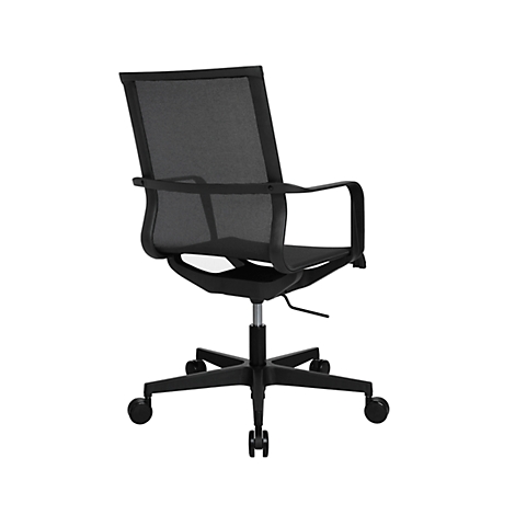 Black office chair with mesh back, armrests, castors, and a sturdy base.