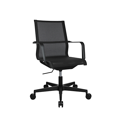 Black office chair with mesh back and armrests against a white background.
