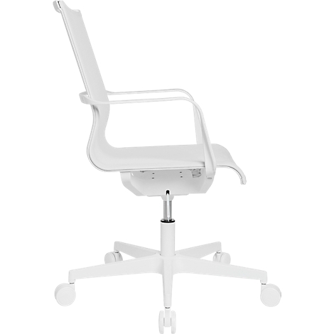 White office chair with mesh back, armrests and wheels.