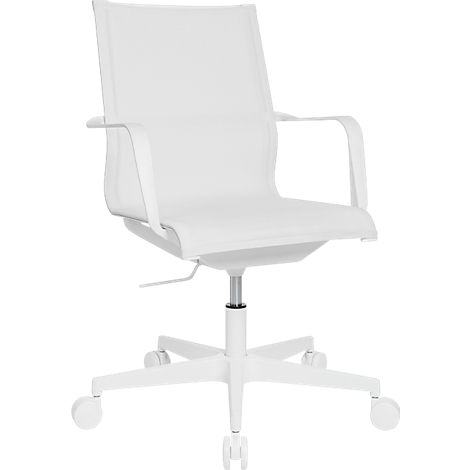 White office chair with armrests. The seat and backrest are made of a mesh material. The chair has wheels.