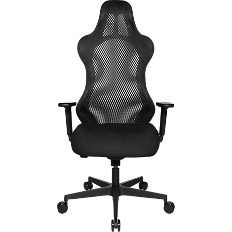 Black office chair, back view. The chair has a mesh back and a padded seat.