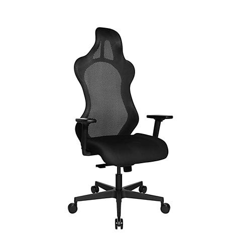 Black office chair with mesh back, armrests, and wheels on a white background.
