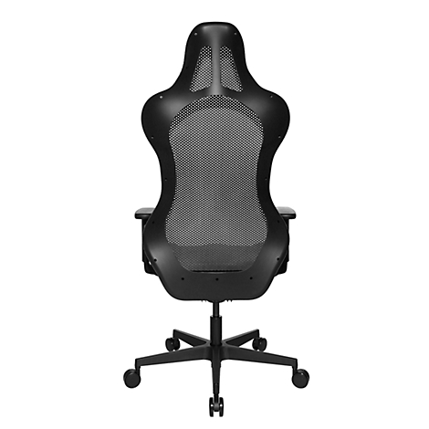 Black office chair, back view. The chair has a mesh structure in the backrest, armrests and a base with castors.