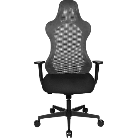 Black ergonomic office chair: mesh backrest, armrests and castors. Modern design.