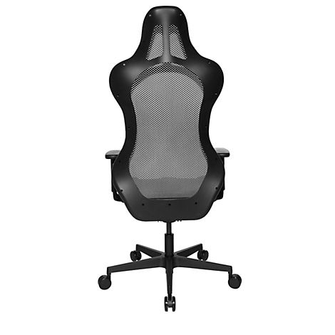 Black office chair, back view. The chair has a mesh back, a high headrest, and a base with wheels.