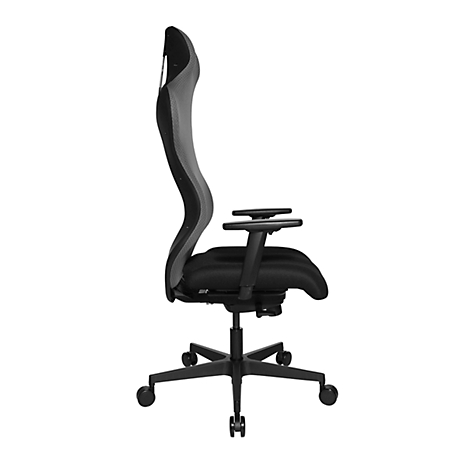 Black office chair from the side, with gray backrest and black armrests. The chair stands on castors.
