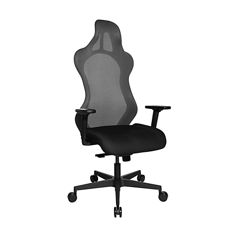 Black office chair with mesh back, armrests, and castors.