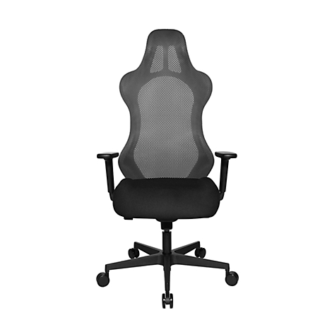 A black office chair with mesh back and armrests.