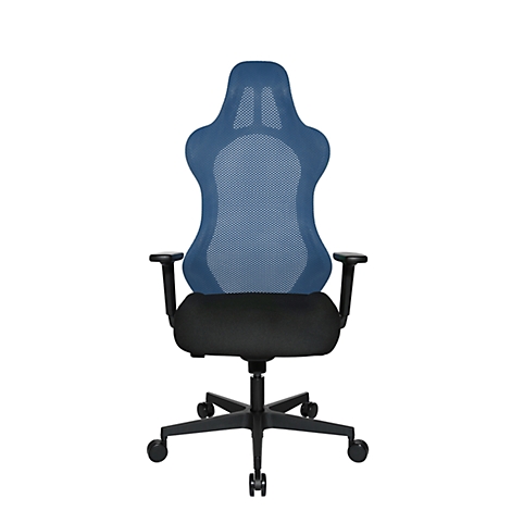 Office chair with blue mesh back and black seat. Armrests and five casters.