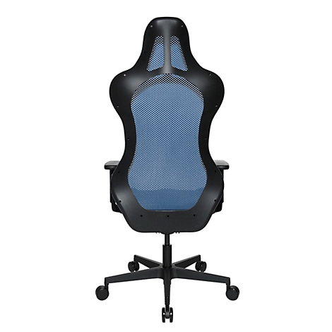 Black office chair back with blue mesh and five wheels.