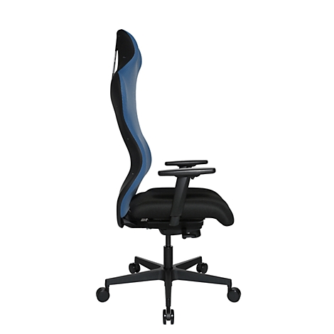 Black office chair from the side. Blue backrest, black seat. On wheels, armrests.