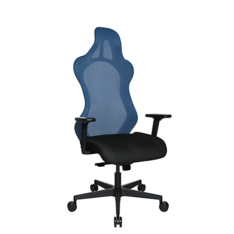 Office chair with blue mesh back and black seat. Black armrests and base with wheels.