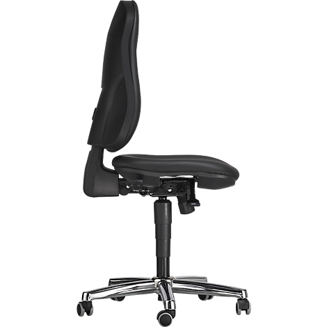 Profile view of a black office chair. Backrest, seat and metal frame with wheels.
