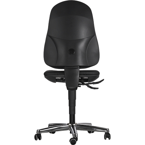 Black office chair from the back, with wheels and adjustable height.