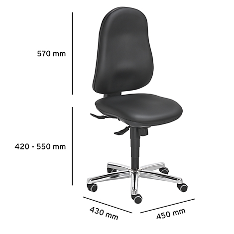Black office chair with dimensions: height 570 mm, seat height 420-550 mm, width 430 mm, depth 450 mm.