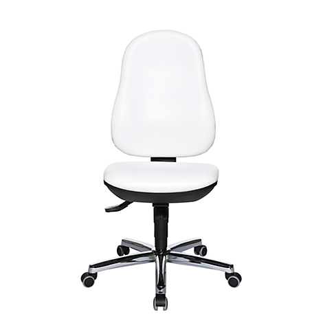 Office chair with white seat and backrest, black base, and silver casters.