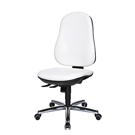White office chair with black border, chrome base and wheels, against a white background.