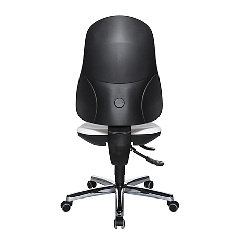 Back view of an ergonomic office chair in black and white, on a wheeled base.