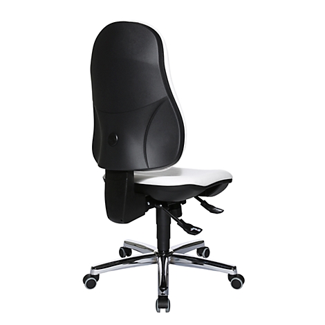 Office chair with white and black seat and backrest, chrome base and wheels, against a white background.