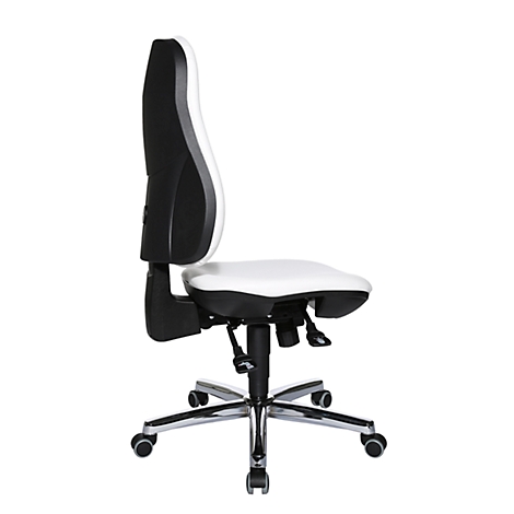 Office chair with white seat and backrest, black and white. On castors, adjustable.