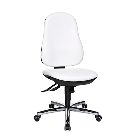 White office chair with high back and rollers. Black seat, silver frame.