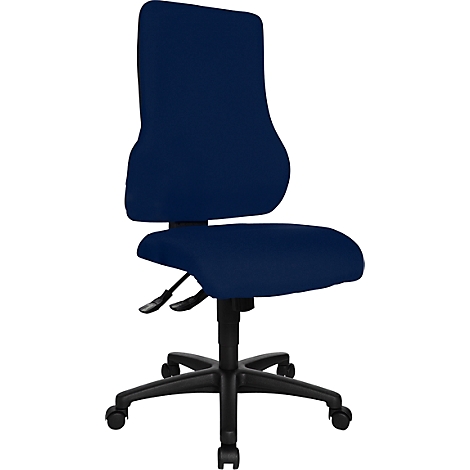 Dark blue office chair, side view. High back, seat, black frame with wheels.