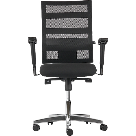 Black office chair with mesh back, armrests and silver elements. The chair stands on a wheeled base.