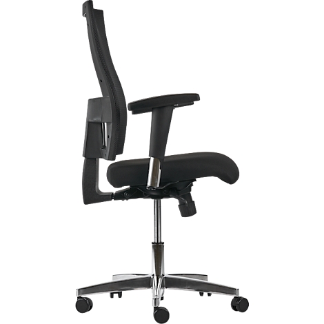 Black office chair, side view, on casters, armrests, backrest with mesh.