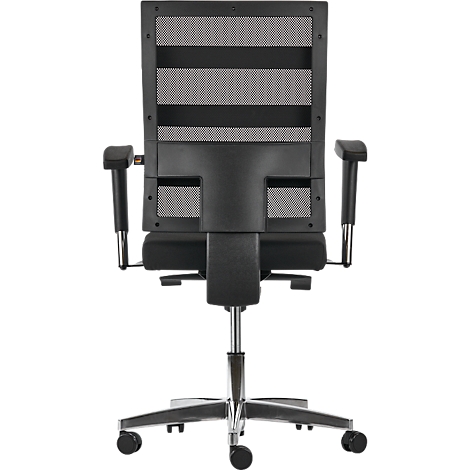 Back view of a chair with a mesh back, armrests, and wheels.