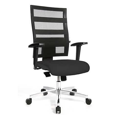 Black office chair on a white background. The chair has mesh back and a black seat, armrests.