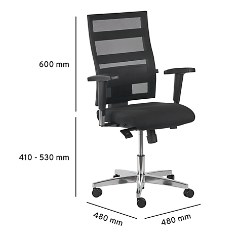 Black office chair with mesh back, armrests, wheels and dimensions.