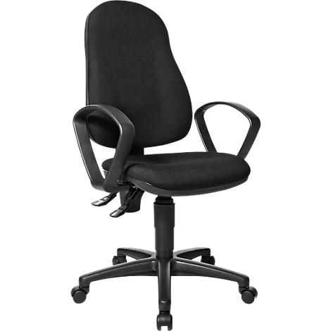 Black office chair with high back and armrests. On a black base with castors.