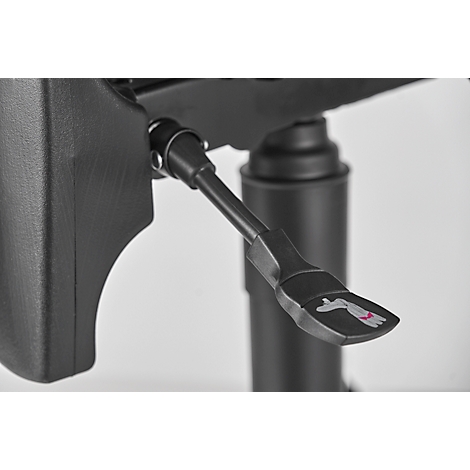 Close-up of a black chair. Lever with hand symbol.