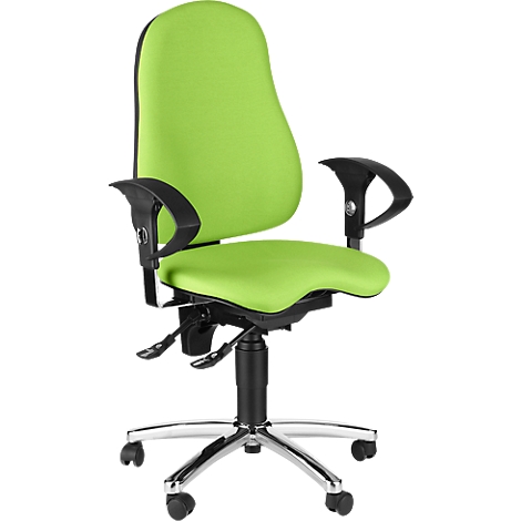 Green office chair with black armrests, chrome base and rollers. The chair is ergonomically shaped.