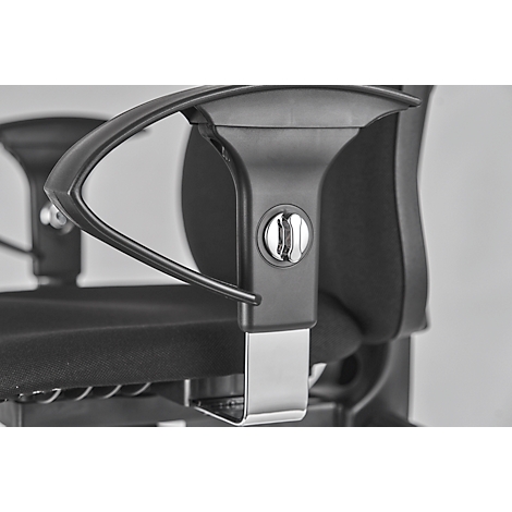 Close-up of the black armrest mechanism of an office chair, with metallic details and a visible adjustment knob.