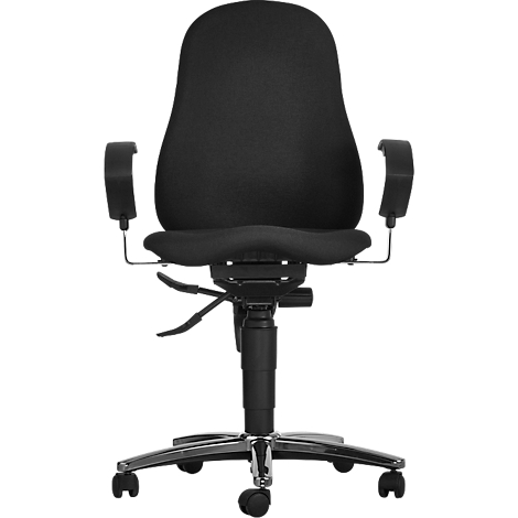Black office chair from the front. Fabric backrest and seat, armrests, base and frame made of metal.