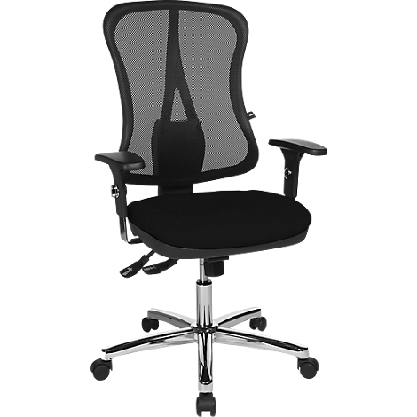 Chaise de bureau noire avec dossier en filet et accoudoirs réglables. Sur un cadre argenté avec roulettes.