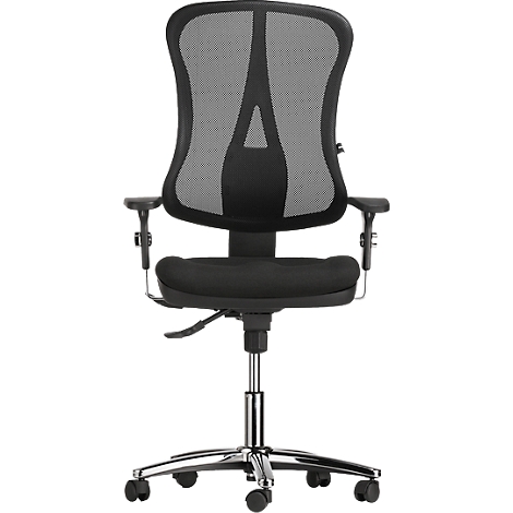 Chaise de bureau noire, dossier en maille, cadre chromé, accoudoirs. Vue détaillée.