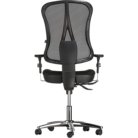 Vue arrière rapprochée de la chaise de bureau avec dossier en mesh. Les accoudoirs et le cadre sont chromés, l'assise est noire.