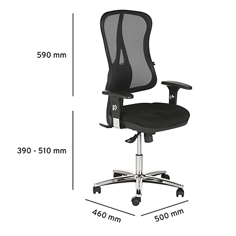 Chaise de bureau noire avec dossier en maille et accoudoirs réglables. Les dimensions sont indiquées.